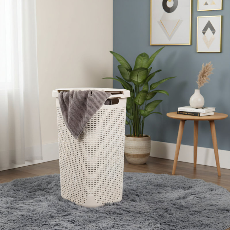 Slim Laundry Basket, 60 Liter Capacity With Lid, Premium Rattan Design, Plastic Material Suitable For Clothing Storage, Ivory Color.