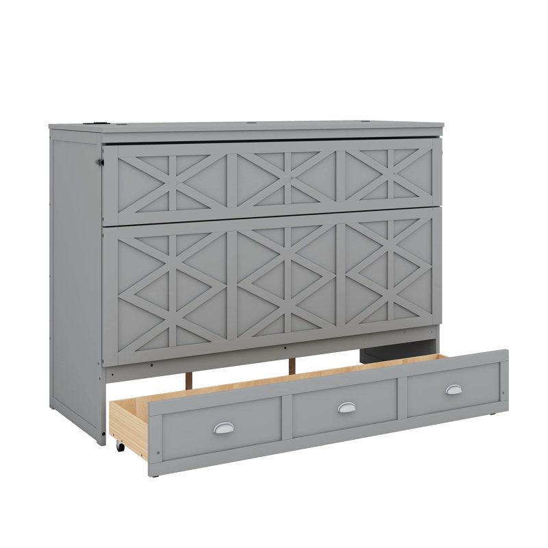 Grand lit escamotable avec tiroirs et port USB, Gris brossé