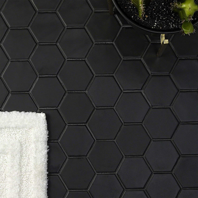 Meadowmere 3" Hexagon Matte Ceramic Tile, Black