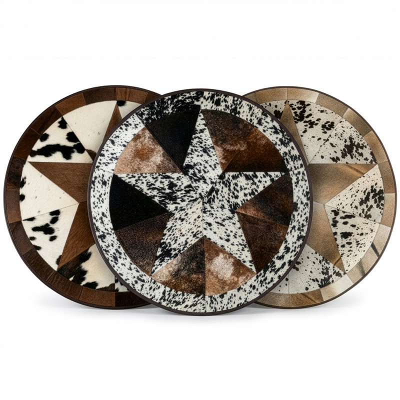 Tapis rond en cuir de vachette patchwork Texas Star de 80 pouces - 100 % cuir véritable, Rond, 80 po