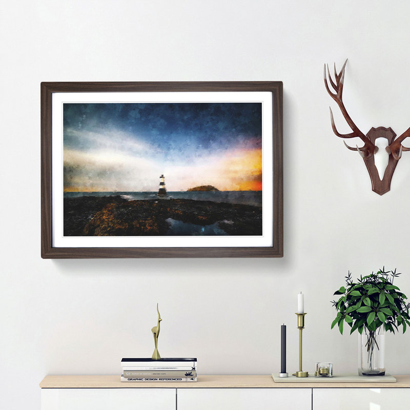 Lighthouse & Seascape at Dusk - Picture Frame Graphic Art Print, 24cm H x 33cm W x 2cm D, Walnut Framed