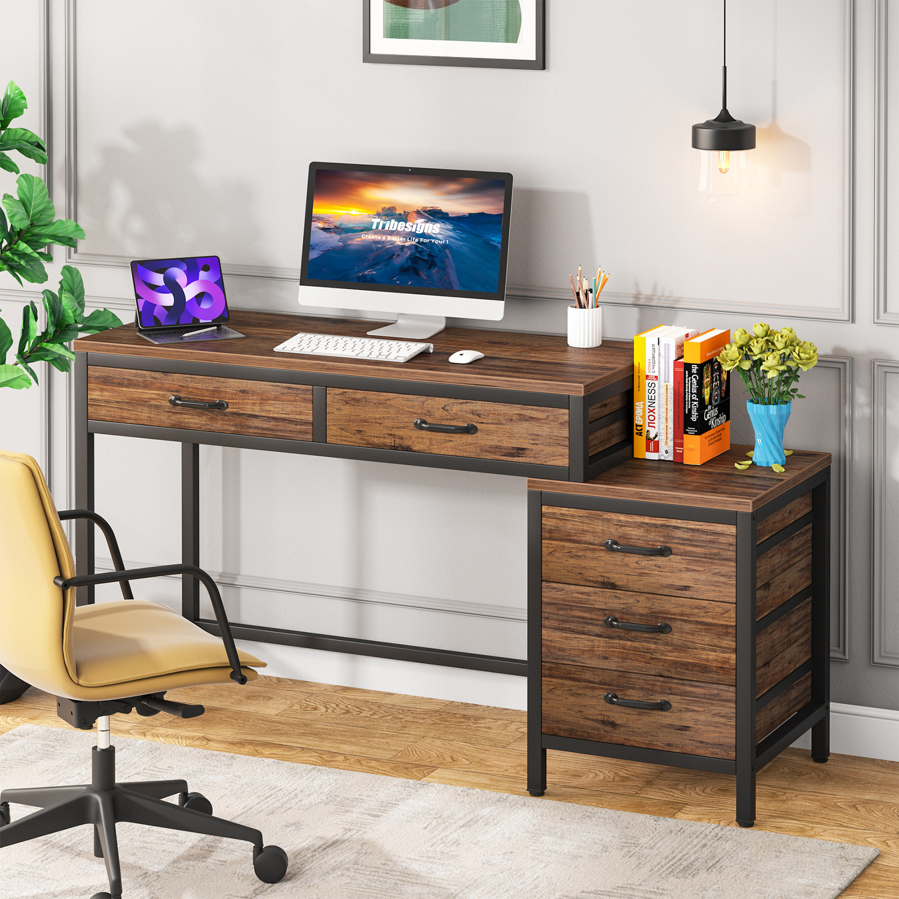 17 Stories 51''W Reversible Desk with Drawers & Reviews | Wayfair