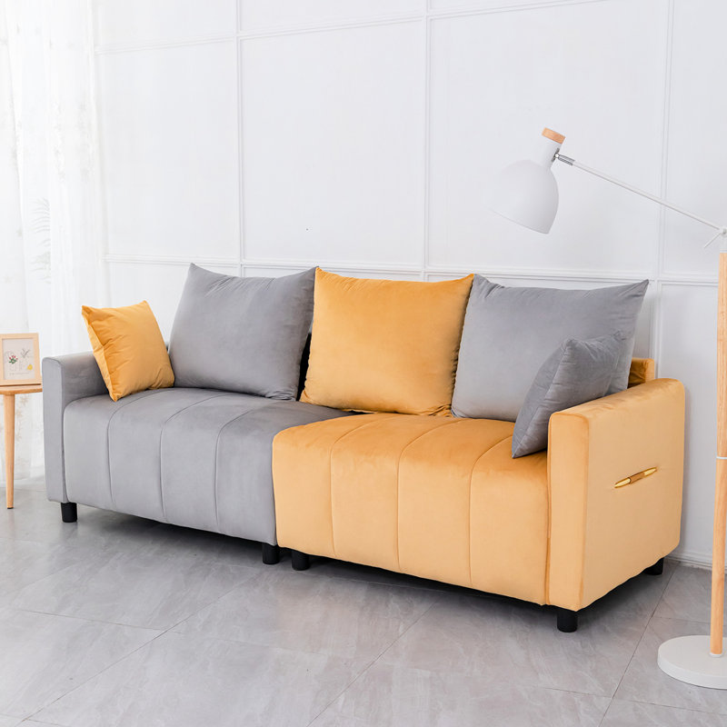 Grey & Yellow Velvet 2 Sectional, 82" Spacious Couch With Eucalyptus Wood Frame, Living Room Piece Gray+Yellow , Contemporary Sectional 3 Back Pillows, Relaxing Element