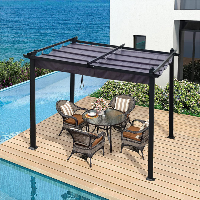 Pergola en aluminium avec auvent, Toile kaki, 10 pi. L 10 pi. D