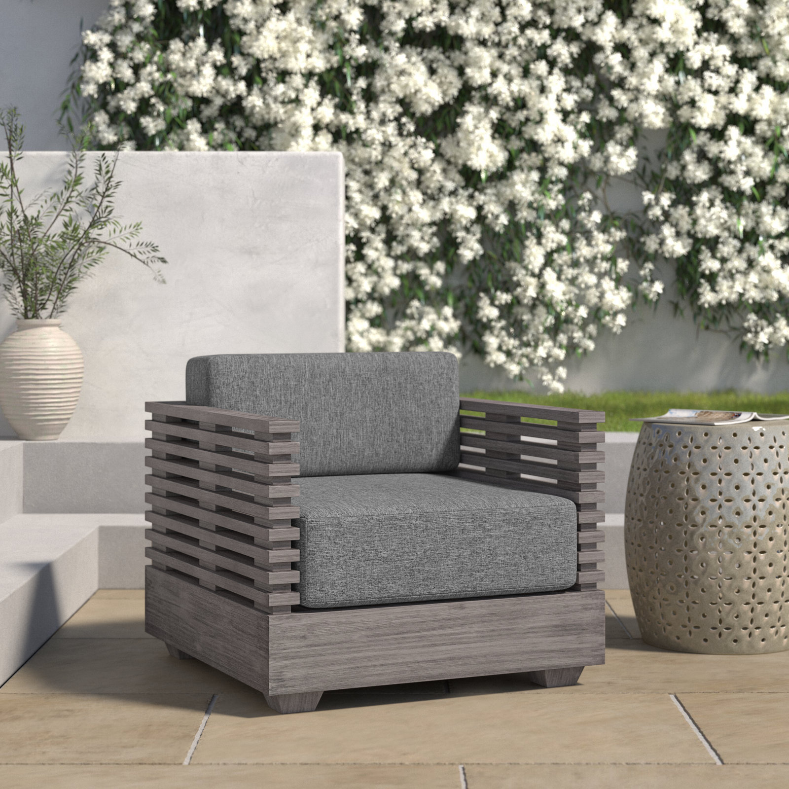 Fritz Wood Outdoor Lounge Chair, Grey Performance
