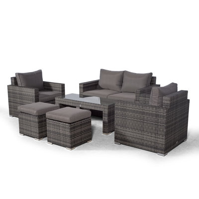 Villatoro Grey Rattan 2 Seat Sofa + 2 X Armchairs & 2 Stool Coffee Table, Outdoor Patio Garden Furniture