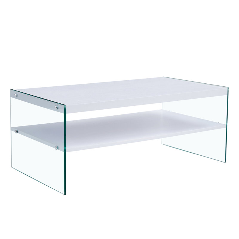 Table basse à double couche rectangulaire. Le plateau est fait de panneau de fibres à densité moyenne avec des autocollants de grain blanc, avec du verre trempé transparent des deux côtés. Convient à diverses occasions. W1512P284930