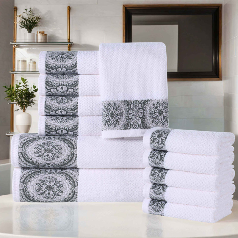 Ludwicka 100% Turkish Cotton Medallion Jacquard Textured Bathroom Towel Set, Gray
