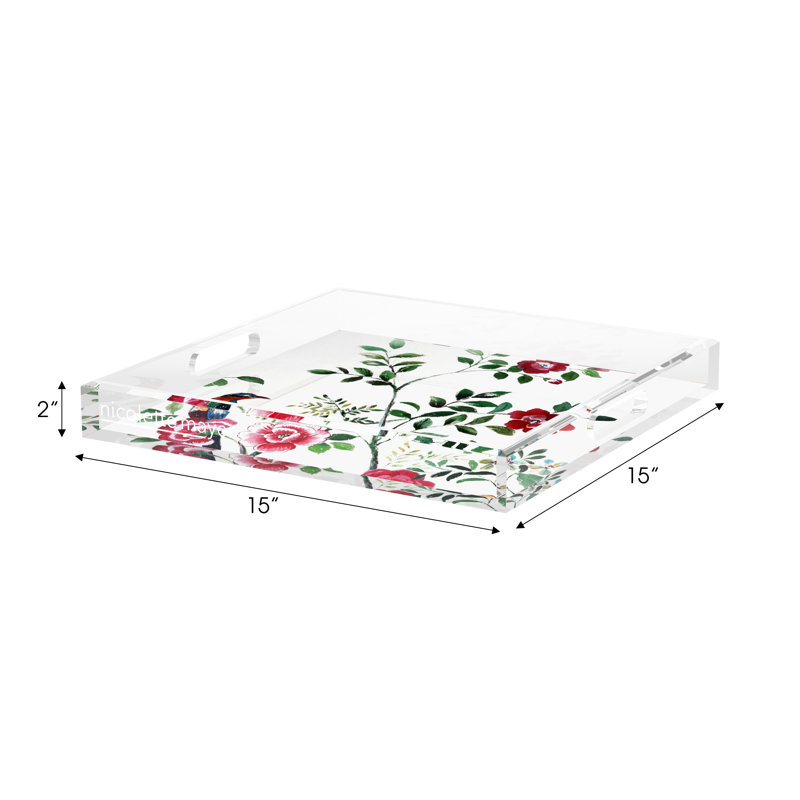 Plateau décoratif carré en acrylique à motif floral Lost Pavillion, 15"W x 15"D x 2"H
