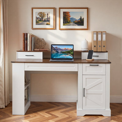 Farmhouse Office Desk With Storage Cabinet, Charging Station, Barn Door Design, Keyboard Tray, Monitor Stand And Pegboard