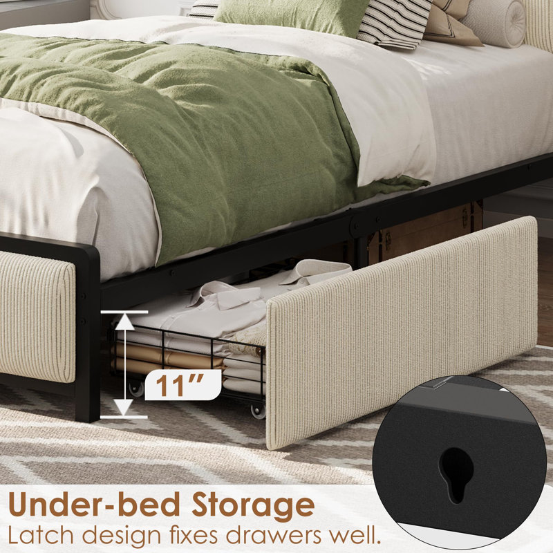 Rustic Linen Upholstered Platform Bedframe,  Storage Headboard/2 Storage Drawers/Charging Station, Beige