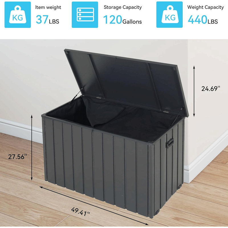 Outdoor Storage Box, 120 Gallon Metal Deck Box Built-In A Oxford Fabric Storage Bag, Lockable & Waterproof Outside Patio Storage Box For Cushions, Pillows, Tools, Pool Floats- Gray