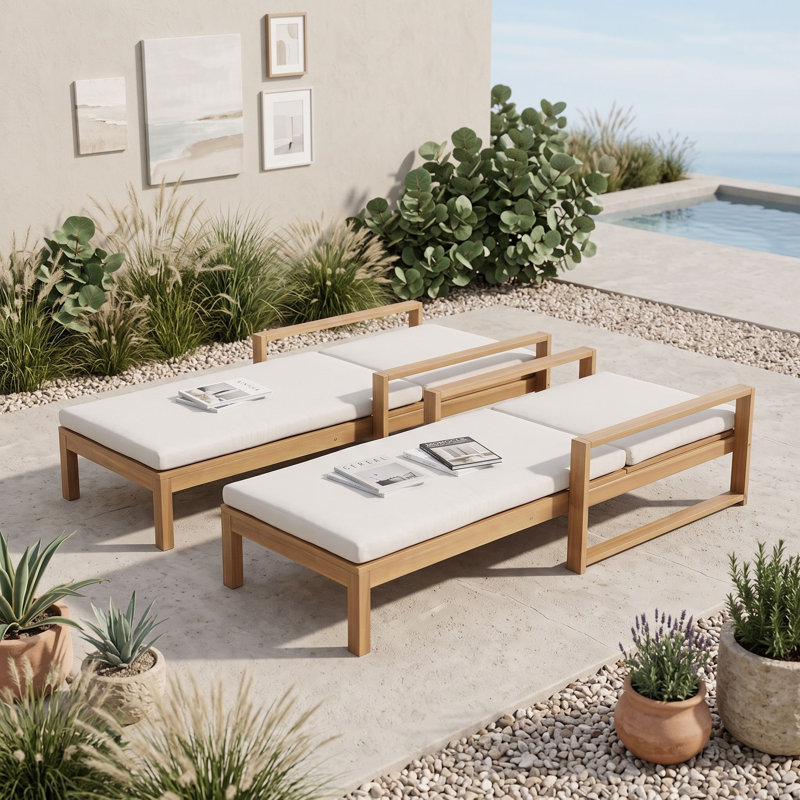Chaises longues d'extérieur avec coussins, dossiers ajustables et housses amovibles pour terrasse, Teck clair