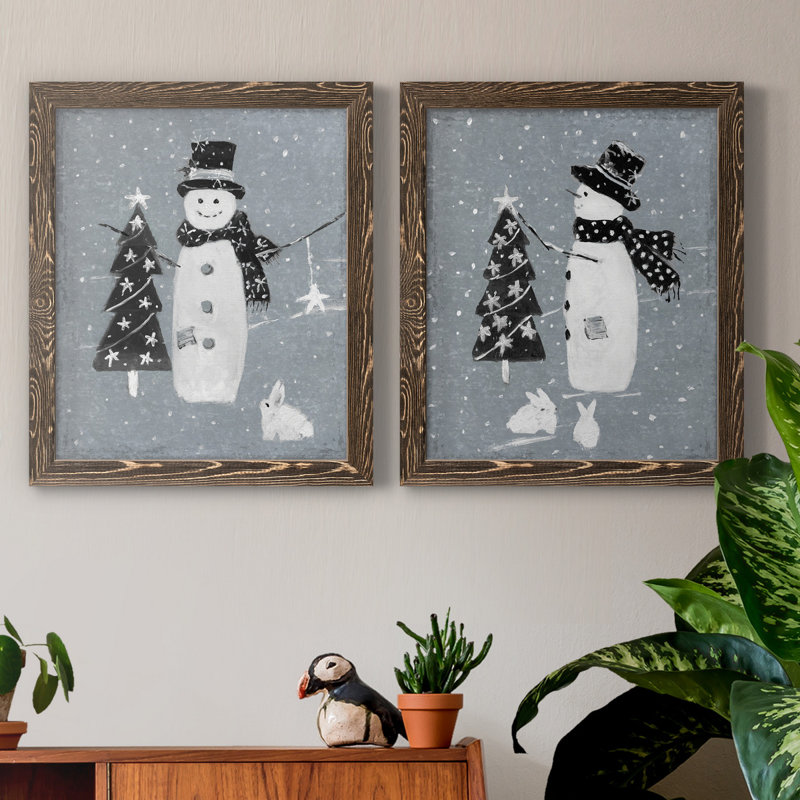 «Snowman Galvanized I», ensemble de 2 reproductions, Toile avec cadre en noyer, Pas de tapis, H 20 po x l 17 po x P 1 po