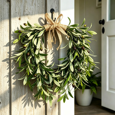 Couronne d'olivier avec nœud, couronnes artificielles de 19,68 po avec fruit à feuilles d'olivier, couronne de fausse olive toute l'année à la maison