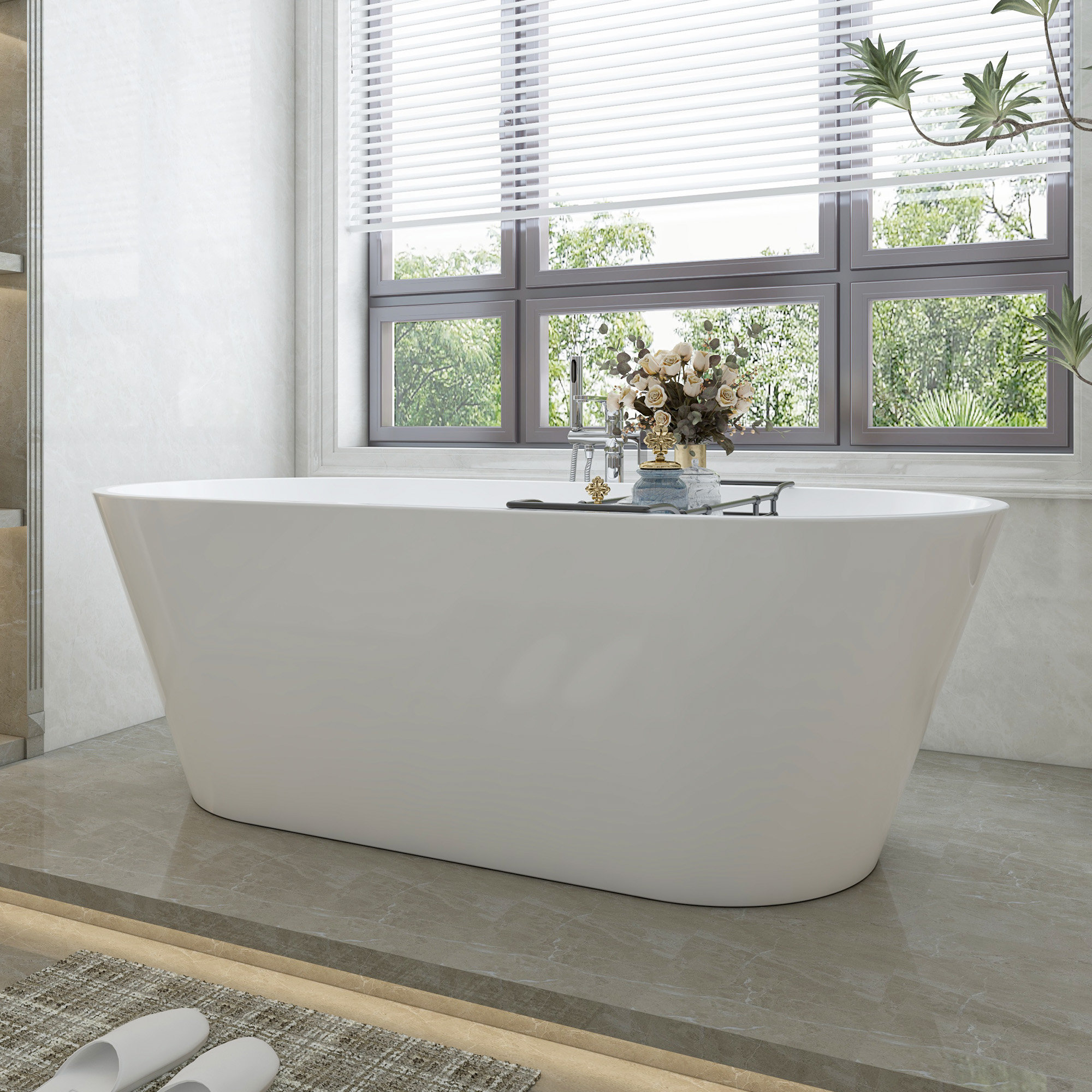 Iris 59" x 29.5" Freestanding Soaking Acrylic Bathtub, White/Integrated Overflow