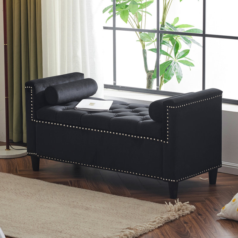Repose-pieds avec 2 coussins, garniture cloutée et compartiment de rangement, Noir