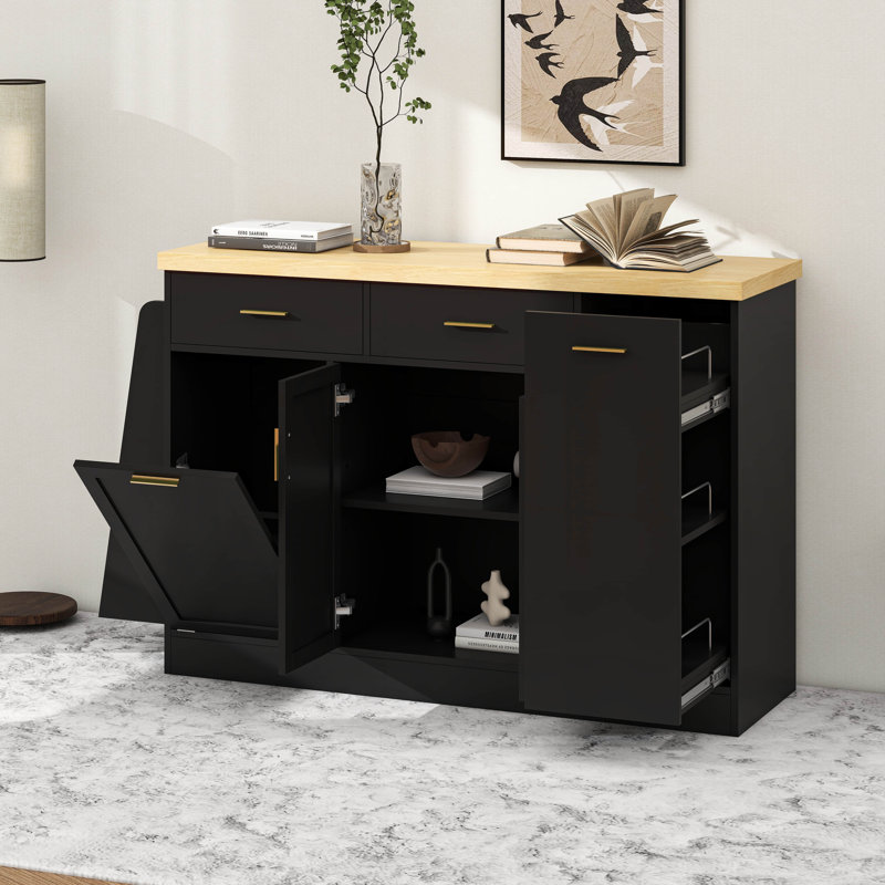 Buffet multifonctionnel avec rangement pour poubelle cachée, armoire à porte coulissante et support à épices à 3 niveaux - Design moderne deux tons