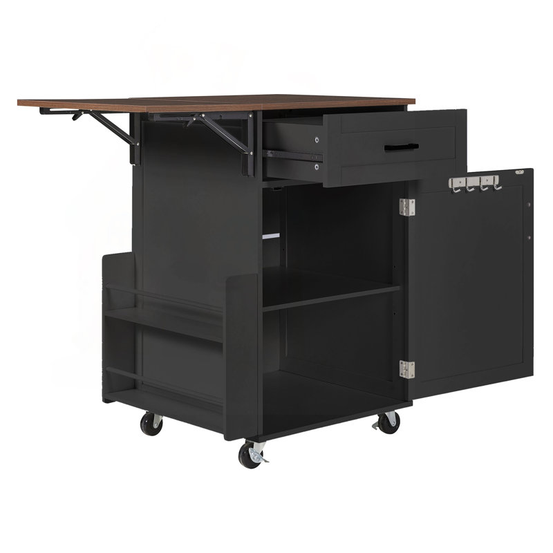 39.3" Farmhouse Kitchen Island with Drop Leaf, Open Side Rack, Drawer & Locking Wheels, Black