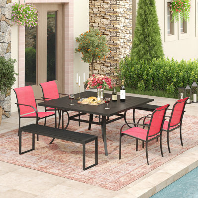 Ensemble de patio 7 pièces comprenant une table carrée de 59 po, 4 chaises empilables et 2 bancs
