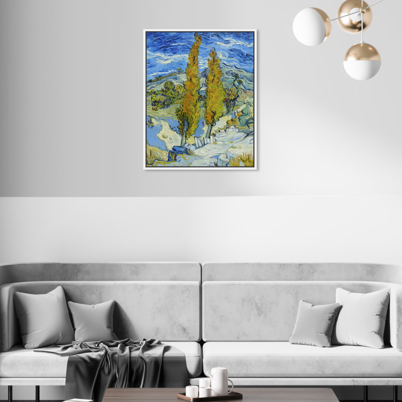 Van Gogh - Les peupliers à Saint Remy - peinture sur toile, Toile avec cadre blanc, H 20 po x l 17 po