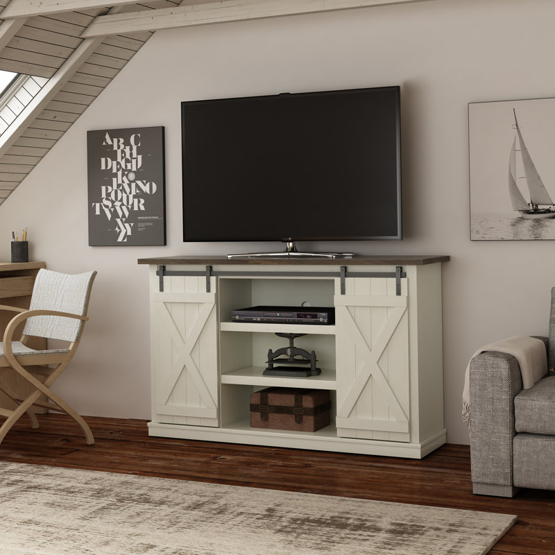Lorraine TV Stand with Sliding Barn Doors, 54 Inch, Saw Cut Espresso