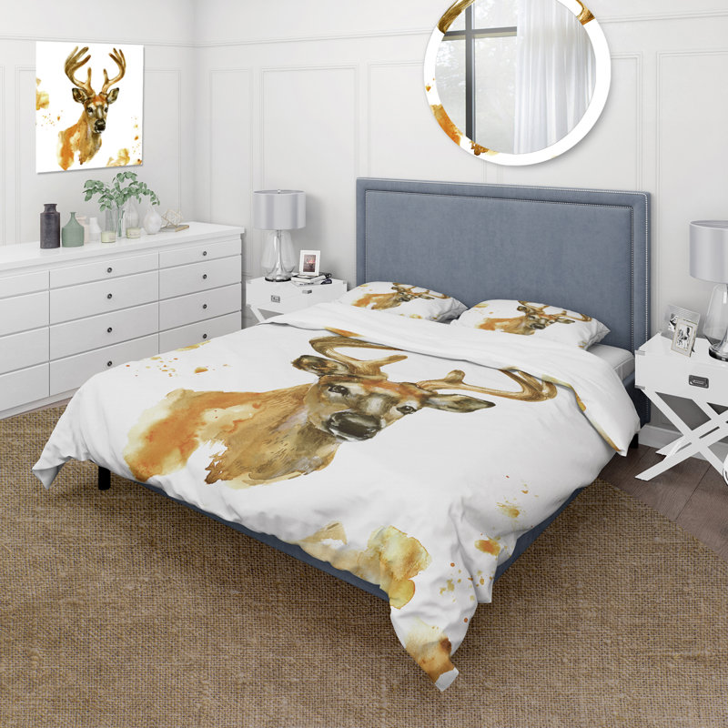 Portrait of Deer With Big Horns - Ensemble de housse de couette Farmhouse - Microfibre de polyester