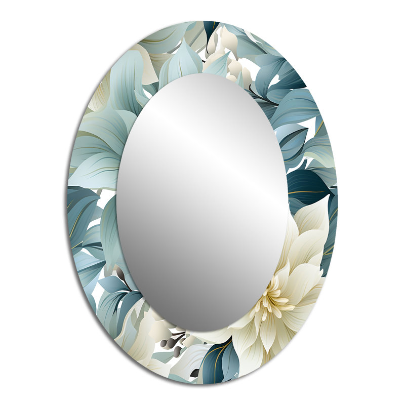 Zen Grey And White Flower Elegance - Large Oval Wall Mirror On Metal, 40" x 30"
