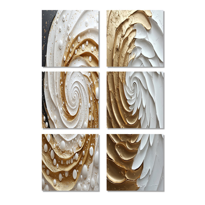 «White and Gold Rose Love Spiral», ensemble d'art mural abstrait à spirales abstraites de 6, Toile tendue, Ne s’applique pas