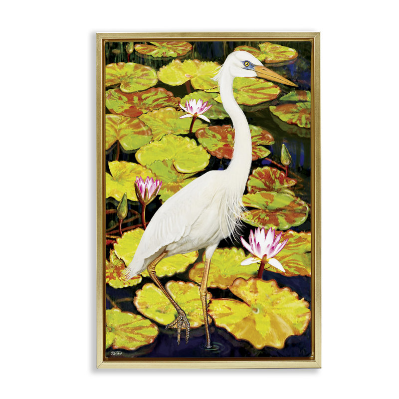 Oiseau qui marche sur un cadre flottant de nénuphars, design par Rosiland Solomon, H 25 po x l 17 po