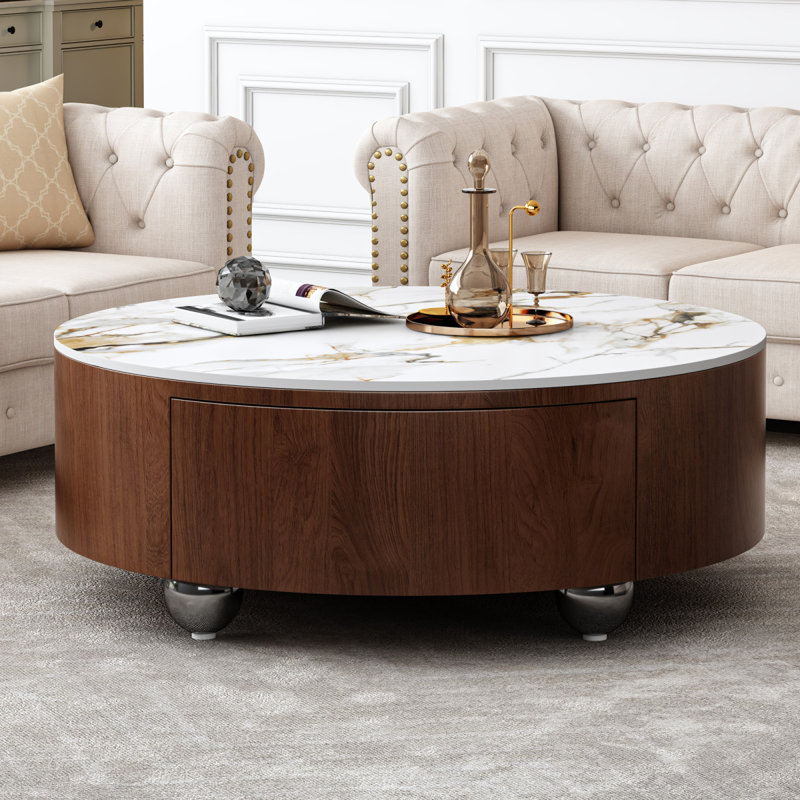 Table basse rustique ronde avec 2 tiroirs et plateau en pierre frittée