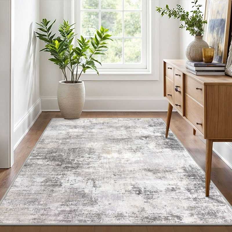 Tapis de chambre antidérapants lavables avec envers en caoutchouc, Ash Grey/Beige, Rectangle 4' x 6'