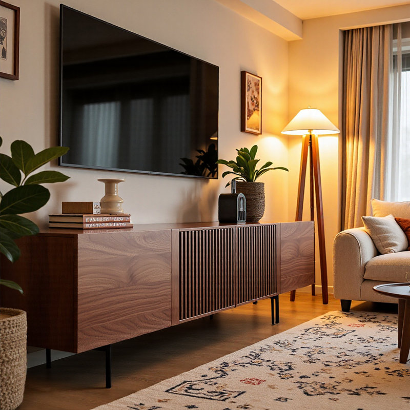 Meuble télé Banvra Mid-Century moderne avec 4 armoires de rangement pour le salon, 94.5"