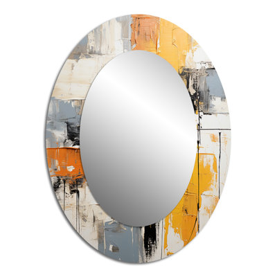 Abstrait collage jaune et noir II - grand miroir mural ovale sur métal