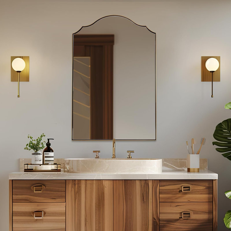 Scalloped Arch Bathroom Vanity Mirror with Curved Top | Stainless Steel Frame, 36" x 24", Brushed Gold