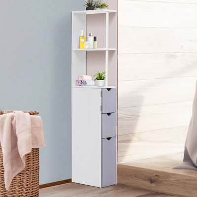 Armoire de rangement pour salle de bain de 54 po de hauteur, tour à linge autoportante avec tablette à 2 niveaux et tiroirs, rangement de plancher étroit