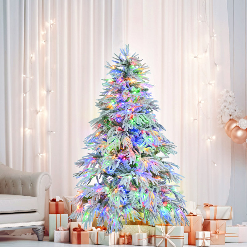 Arbre de Noël enneigé en épinette pré-éclairé, arbre de Noël articulé artificiel avec 300 lumières DEL multicolores, 8 modes de clignotement, décoration de bureau de vacances