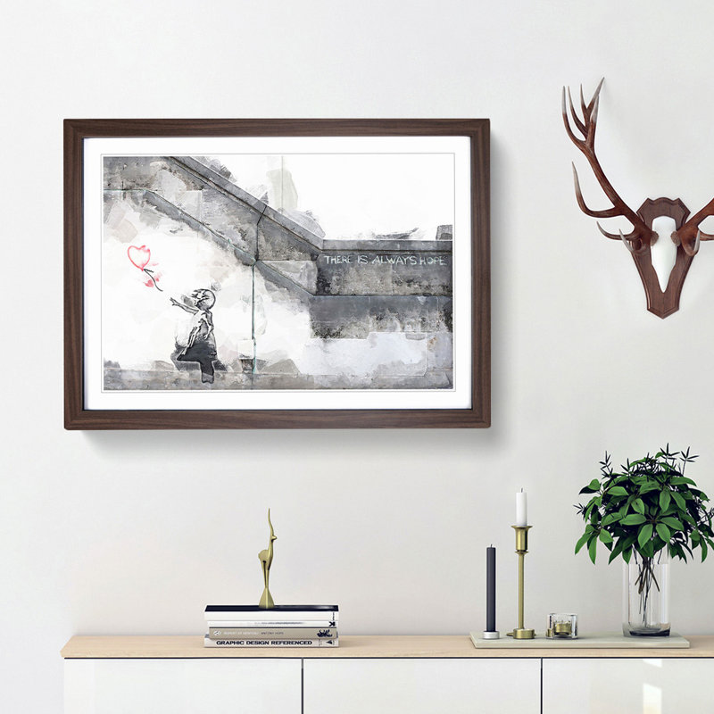 Girl with a Red Balloon by Banksy - Picture Frame Graphic Art Print on MDF, 48cm H x 65cm W x 2cm D, Walnut Framed