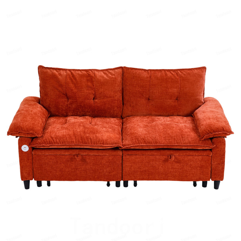 Canapé-lit convertible en velours avec matelas dépliable, Velours - Orange