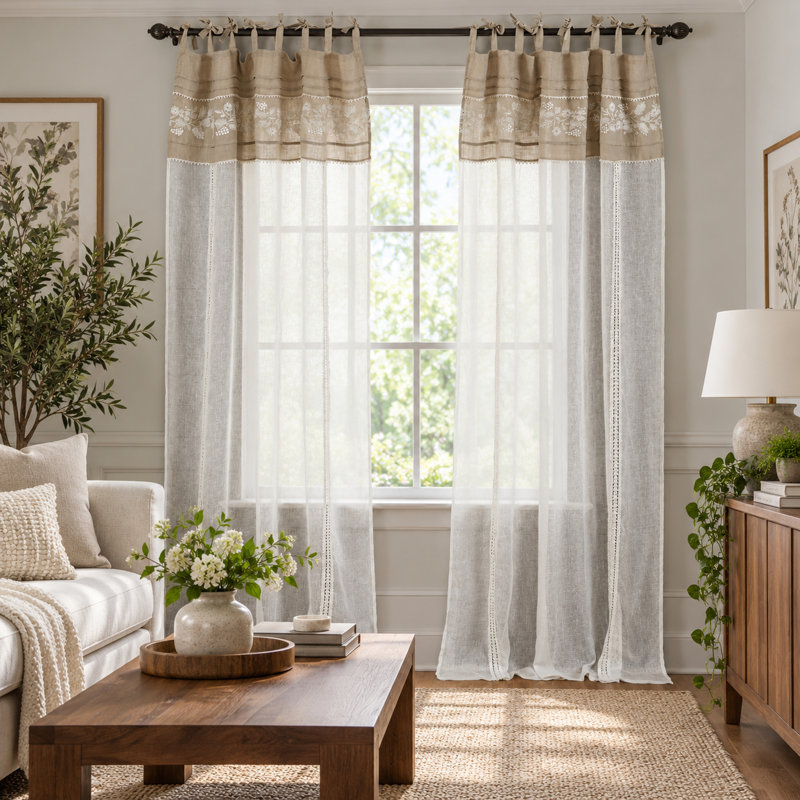 Panneau de rideau transparent 100% lin brodé avec broderie et broderie pour le salon, L 52 po x L 108 po
