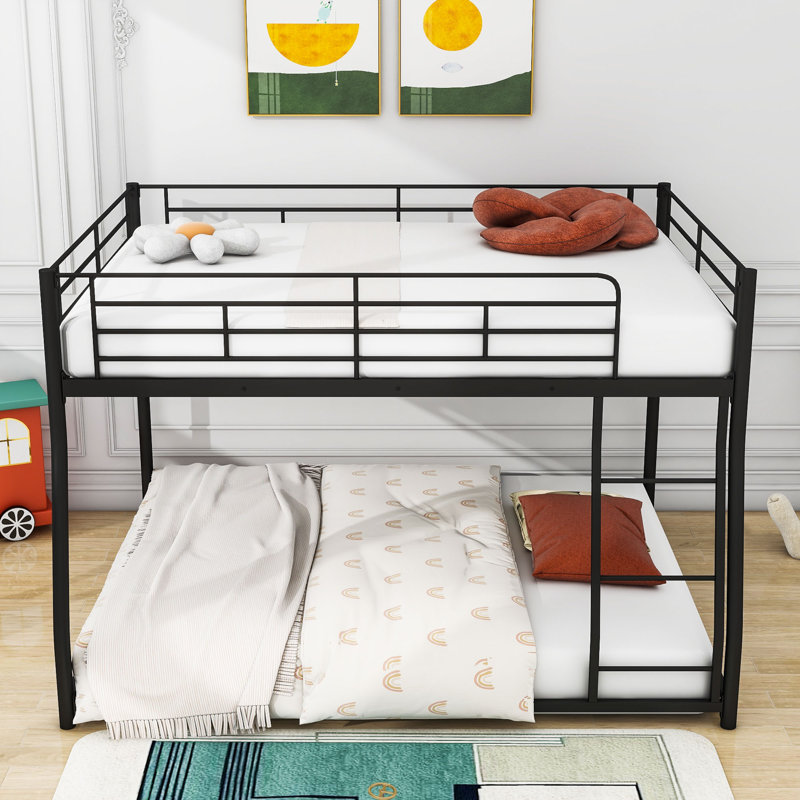 Amandajean Full XL Over Queen Size Metal Bunk Bed With Ladder And Guardrail, Full XL over Queen