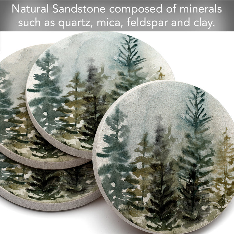 Lark Manor Tree Line in the Mist 4-Pack Round Natural Sandstone Coasters