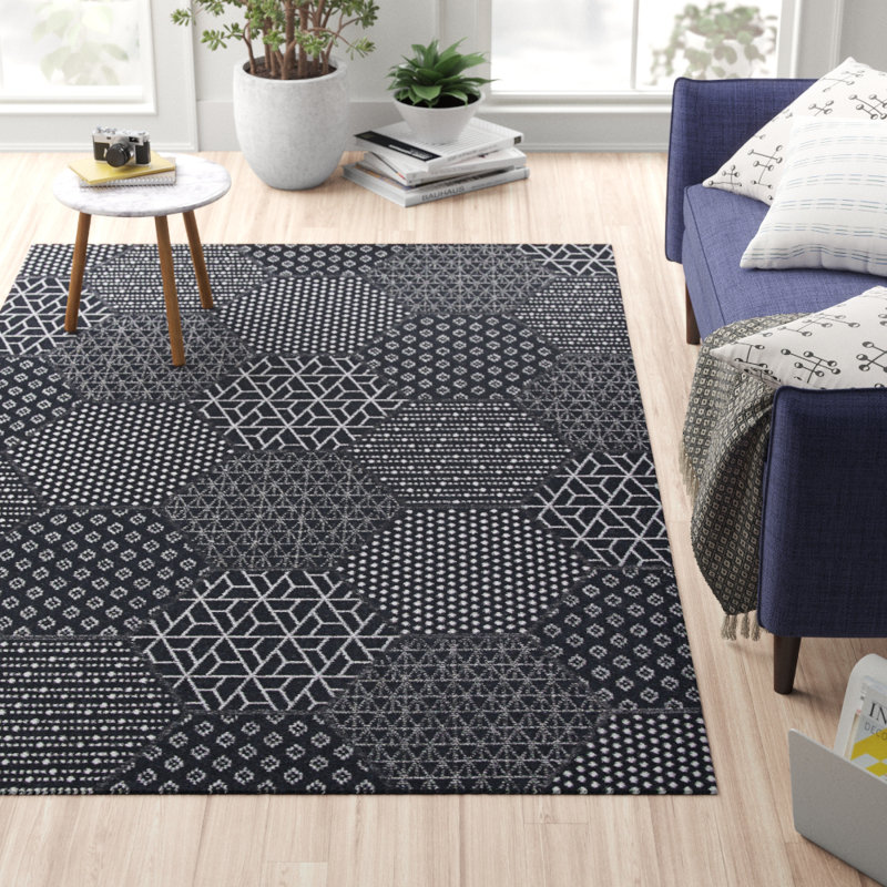 Tapis d'intérieur / extérieur noir tissé à plat à motif géométrique Griess, Rectangle 9 pi 2 po x 12 pi 5 po