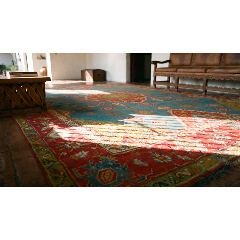 Bold Tribal Antique Light Blue Turkish Hand Knotted Wool Pile Medallion Oushak Rug