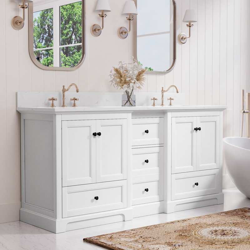 Meuble-lavabo double 72 po avec lavabos sous-comptoir en céramique, armoire en panneau de fibres à densité moyenne, tiroirs à fermeture en douceur et comptoir de style marbre