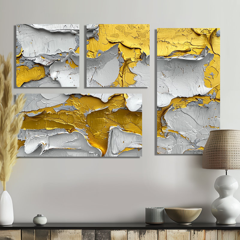 Jaune et gris abstrait Grove Harmony II - art mural abstrait grand 4 pièces, Toile tendue, Ne s’applique pas