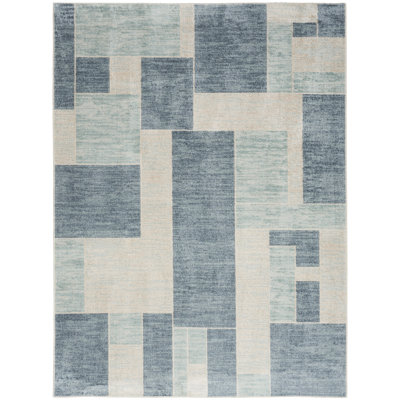 Tapis bleu / ivoire en polyester tissé à la machine Borisas