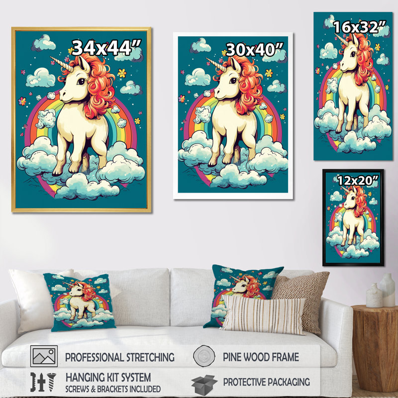 Adorable licorne et arc-en-ciel sur toile, H 32 po x l 16 po, Cadre flottant doré