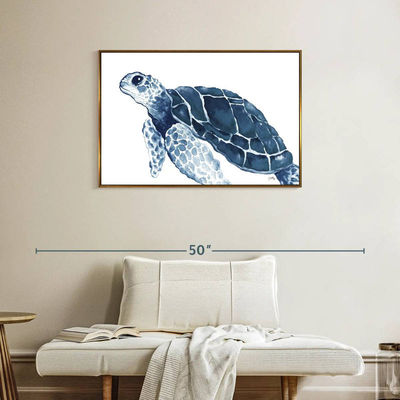 Tortue dans les bleus, Cadre flottant doré, 37 po x 25 po