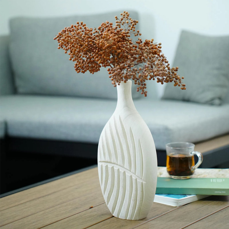 Vase en bois texturé blanc fait à la main avec motif de feuilles, vase décoratif rustique moderne de 13,78 po pour les fleurs, pièce maîtresse pour le salon, la table de salle à manger, le bureau et la chambre à coucher